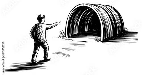 Businessman pointing toward tunnel entrance representing opportunity and new direction concept