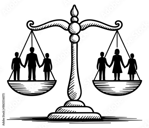 Justice scales balancing people groups representing equality and fairness in law concept
