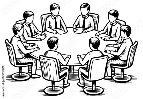 Business team meeting around conference table showing corporate collaboration and discussion