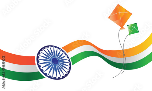 Happy Indian Republic Day Celebration Illustration with Tricolor Waves, Flying Kites and Peace Doves