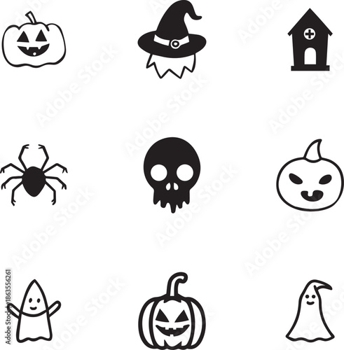 Cute Halloween Doodle Icon Set with Pumpkin, Ghost, Spider and Skull