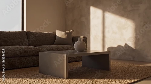 Modern minimalist living room interior with beige sofa and coffee table.