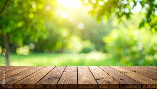 A wooden table sits in front of a blurred green landscape, with the sun shining and green leaves