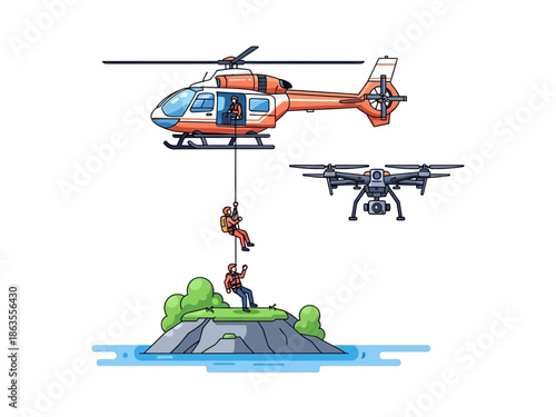 Helicopter rescue operation with a rescuer rappelling near an island and a drone