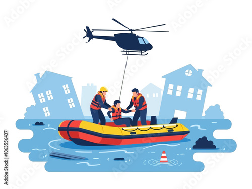 Helicopter rescuing people from a flooded neighborhood using a rescue boat