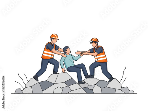 Rescue workers pulling a person from rubble on a white background