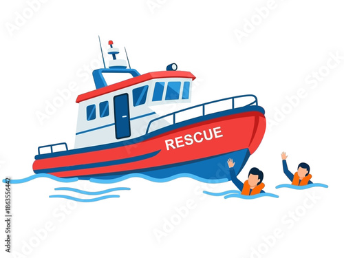 Rescue boat approaches two people waving in the water