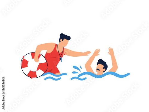 Lifeguard in red swimsuit holding a life buoy reaching toward a drowning man