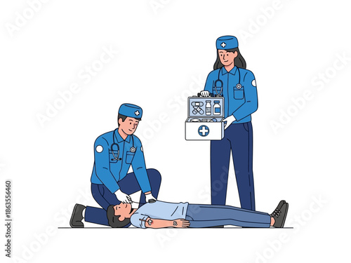 Two medical personnel aid an unconscious person lying down one checking pulse