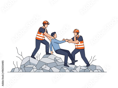 Two rescuers pulling a seated person up from a pile of rocks