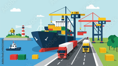 Container Ship Loading and Unloading at Port with Trucks and Cranes.