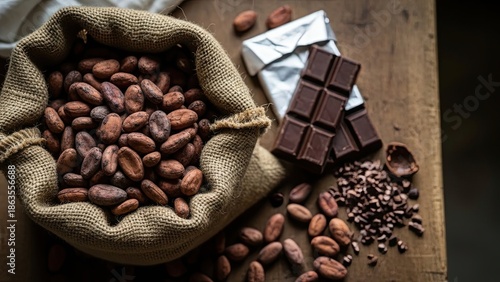 Cocoa Beans and Chocolate Bars on Wooden Table.
