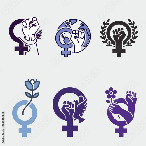 Collection of Stylized Female Gender Symbols with Empowerment and Unity Icons