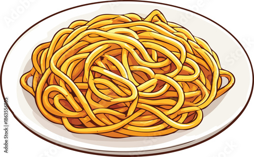 Golden Noodles on a Plate: A comforting plate showcases a generous serving of perfectly cooked noodles. The simple elegance of the meal brings joy and pleasure.