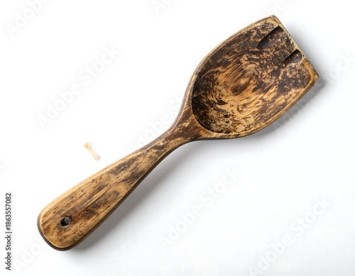 Wooden cooking utensil on a white surface, with a small object nearby