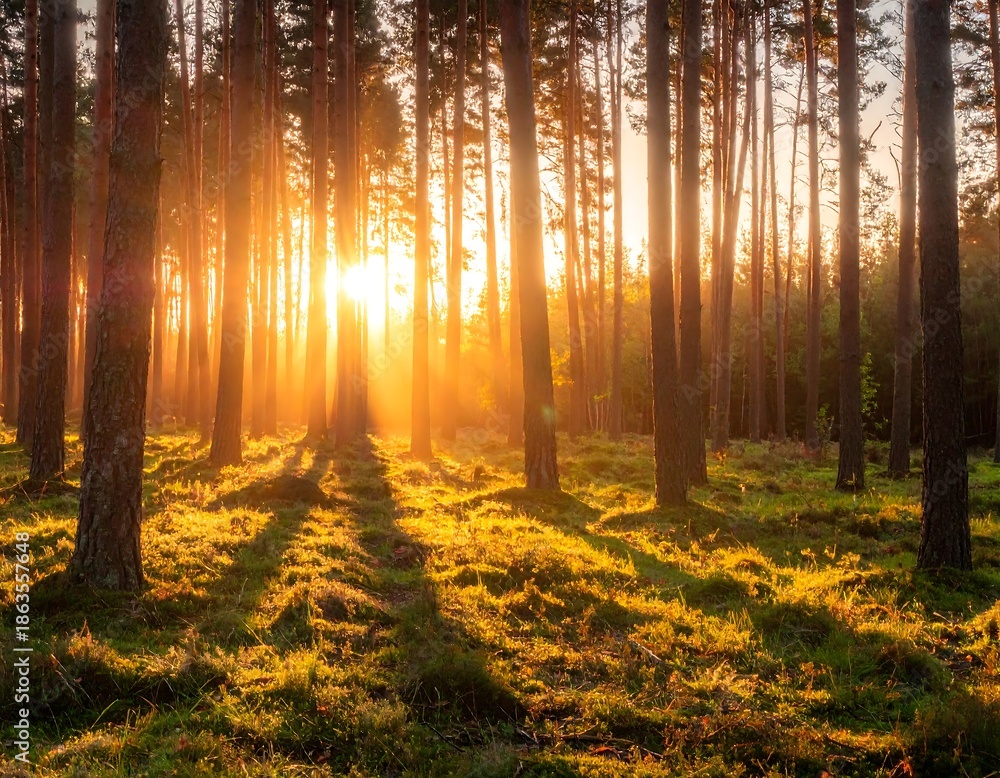 Fototapeta premium Sun rays stream through trees in a lush forest