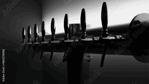 Row of Beer Taps in a Bar Setting.