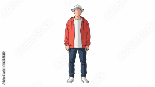 Young man wearing a red jacket and blue jeans.