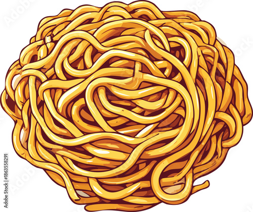 Noodle Nest: A vibrant depiction of a tangled nest of golden noodles, artfully arranged, promising a delicious culinary experience.