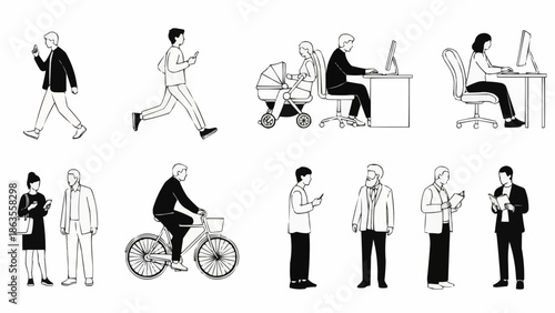 Collection of diverse people engaged in various daily activities and professions.