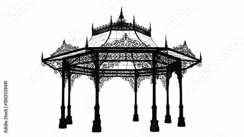 Ornate Victorian Gazebo Structure Isolated on White Background.