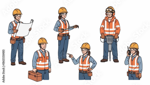 Construction Workers Team Safety Gear Uniforms Tools.