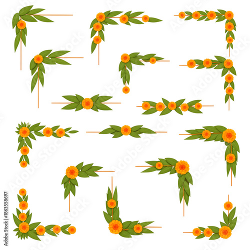 A vibrant collection of orange marigold flowers and green leaves border designs, corners, and dividers isolated on transparent background