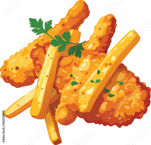 Golden Fried Delight: A mouthwatering image showcases crispy fried chicken and golden fries, garnished with fresh parsley. It is a tempting culinary experience.