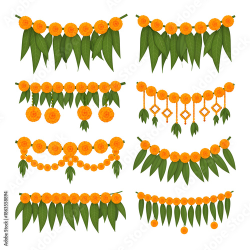 Decorative marigold and mango leaf toran garlands for festive occasions and celebrations isolated on transparent background