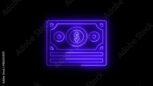Abstract purple glowing neon dollar banknote icon animation seamless loop black background
