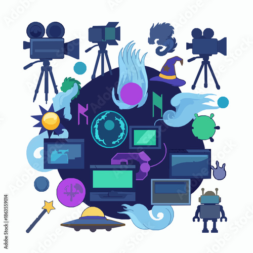 Fantasy Inspired Movie Production Tools Flat Vector Illustration