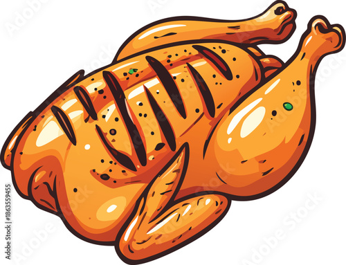 Golden Roasted Chicken: A close-up shot of a perfectly golden, roasted chicken, a culinary masterpiece.  Showcasing the tempting allure of succulent, savory poultry, prepared to perfection.