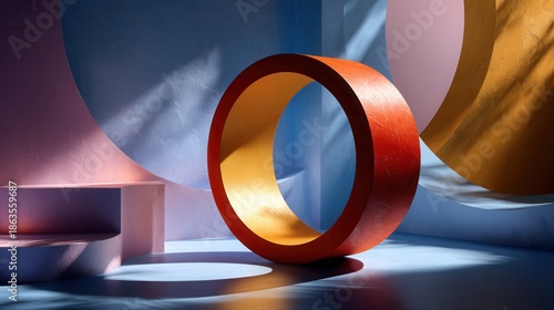 Vibrant abstract sculpture with colorful geometric shapes and dynamic lighting effects