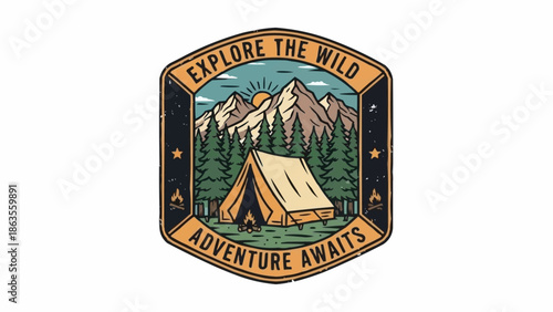 Explore the wild adventure awaits tent camping in mountains illustration.