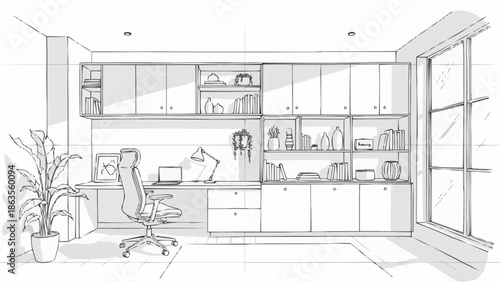 Modern Home Office Design Sketch with Desk and Chair.