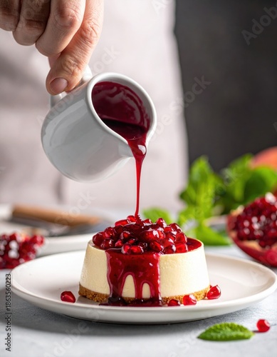 Delicate cheesecake topped with glistening pomegranate seeds and vibrant red syrup poured from a white pitcher in a close up shot