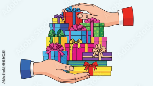 Hands holding stack of colorful gift boxes with ribbons and bows.