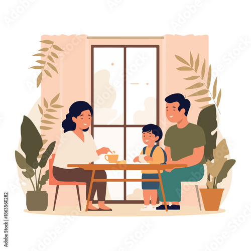 A family of three sitting at a table for a meal together in a cozy home with plants, depicting a warm modern daily ritual activity.