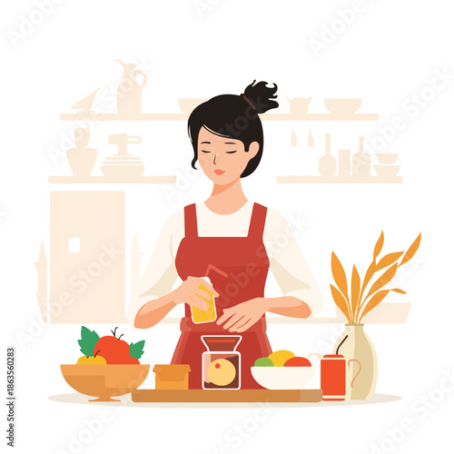 Woman in a red apron preparing food on a kitchen counter with various ingredients and utensils, engaging in modern daily rituals and activities.