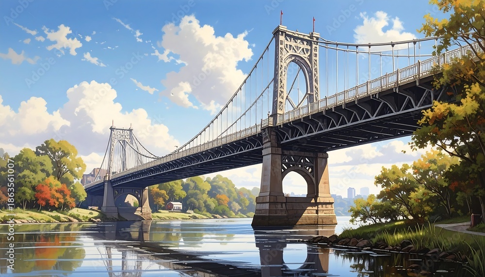 Obraz premium Digital painting of a suspension bridge over a calm river, under a bright blue sky with scattered clouds. Colorful trees line the banks