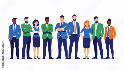 A diverse group of nine professionals standing together in a line, showcasing a variety of business attire and ethnicities.