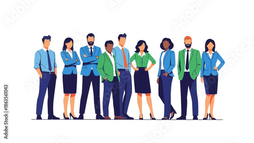 A diverse group of nine professionals, men and women, stand together in a line against a white background.