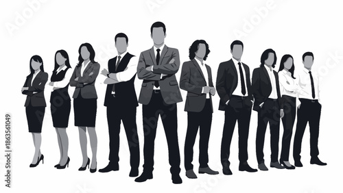A diverse group of professionals standing confidently together in a studio setting, showcasing teamwork and corporate unity.
