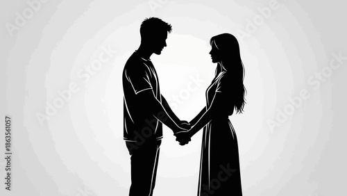 Silhouette of a man and woman holding hands, facing each other against a bright background.