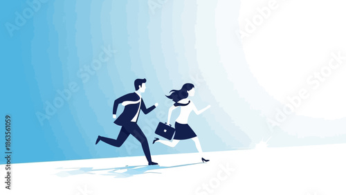 Two business professionals, a man and a woman, are running towards a bright light.