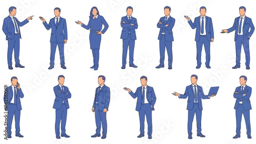 A collection of diverse business professionals in blue suits, depicted in various dynamic poses and actions.