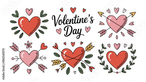 Love's Emblem: A charming illustration capturing the essence of Valentine's Day through various heart motifs with arrows and decorative elements.