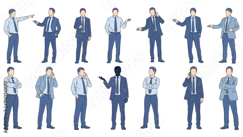 A collection of illustrations depicting businessmen in various poses and actions, showcasing professional attire and gestures.