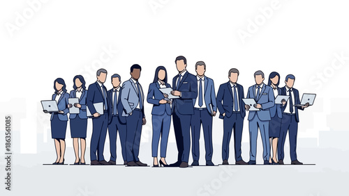 A diverse group of professionals in business attire standing together, some holding laptops and documents.