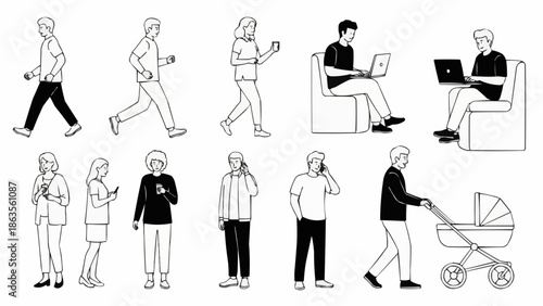Collection of Simple Line Art People Engaged in Various Activities.
